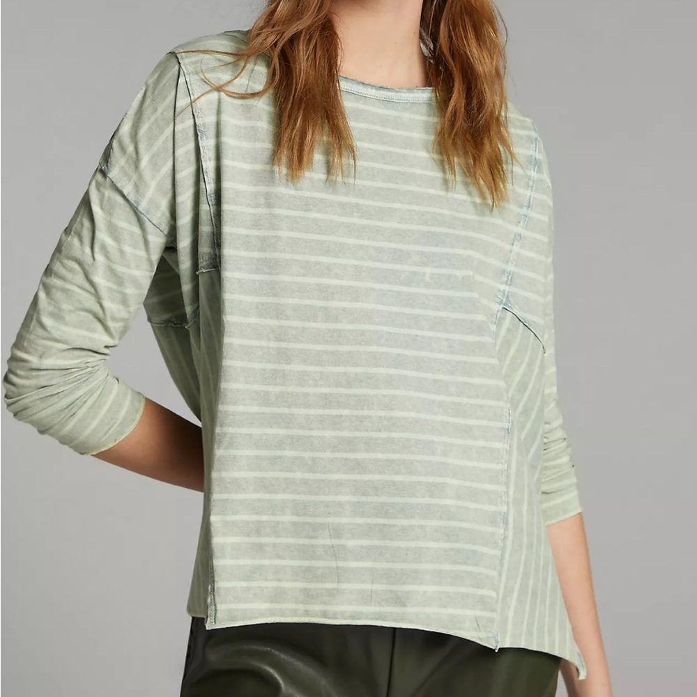 Pilcro The Riley Top Scoop Neck Green Striped Cotton Relaxed Fit 3/4 Sleeves: M